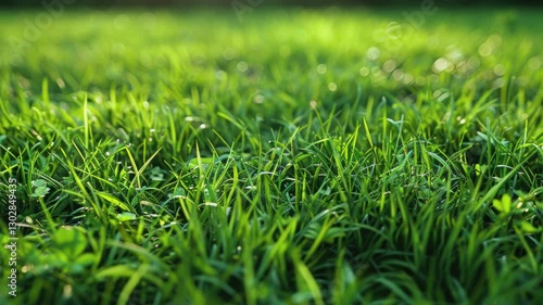 A close-up of vibrant green grass blades bathed in the warm glow of sunlight.