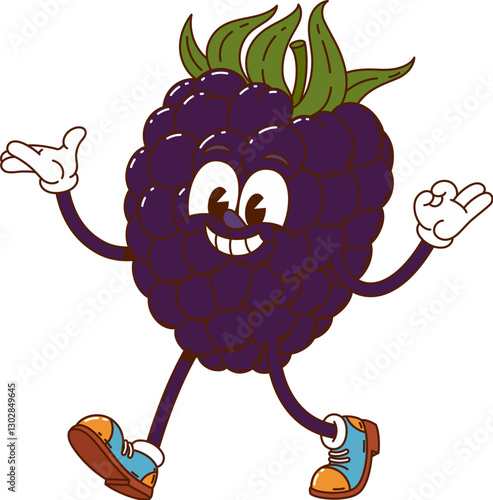 Cartoon groovy blackberry berry happy character. Farm orchard ripe berry groovy happy mascot. Forest fresh blackberry cartoon isolated vector cute personage, garden harvest vintage cheerful character