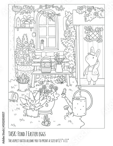 Vector contour illustration of Rabbit in spring garden. Easter egg hunt. Coloring page. 
