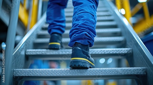 Worker's feet ascending industrial metal stairs.