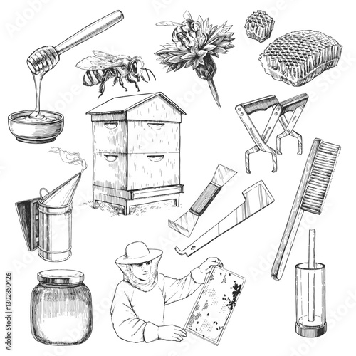Vector set of hand-drawn illustrations of beekeeping accessories. Black and white sketches with honey, tools, beehive and beekeeper with honeycomb frame.