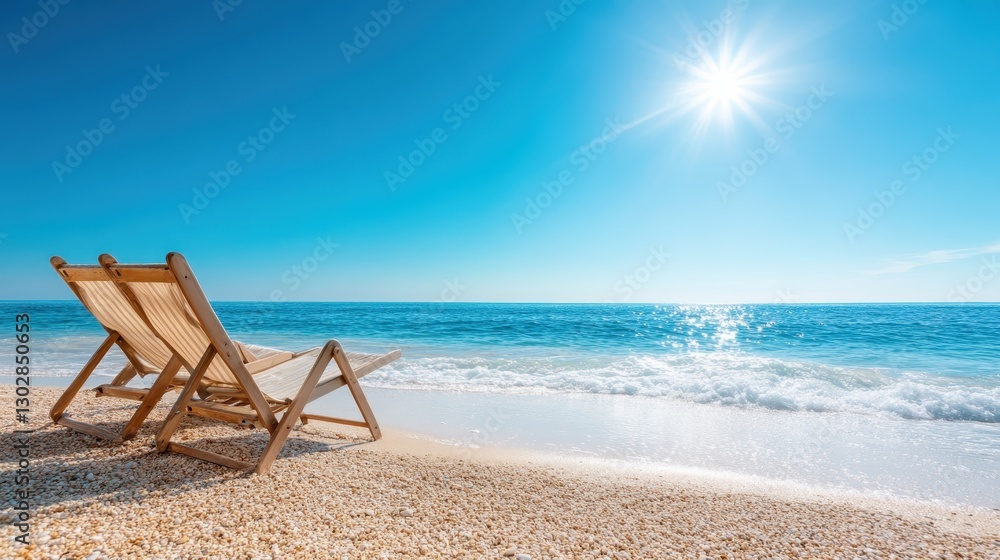 An idyllic beach scene featuring wooden lounge chairs, sun shining down, and gentle waves lapping the shore, perfect for a serene and relaxing seaside getaway. An idyllic beach scene featuring wooden lounge chairs, sun shining down, and gentle waves lapping the shore, perfect for a serene and relaxing seaside getaway.