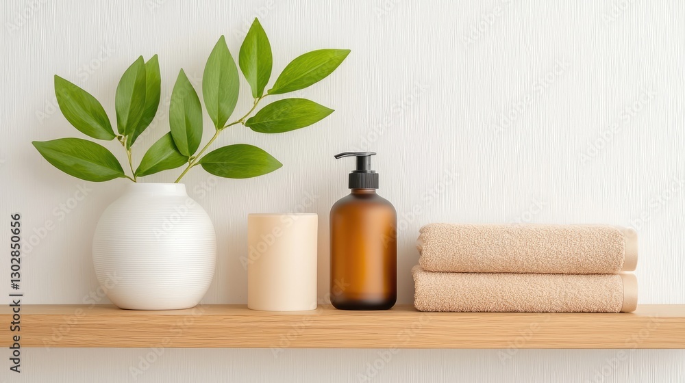Relaxing Spa Shelf with Towel, Aromatic Candle, and Green Leaves Relaxing Spa Shelf with Towel, Aromatic Candle, and Green Leaves