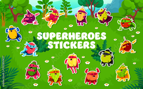 Cartoon superhero tropical fruit characters stickers pack, vector comic super heroes. Funny apple with melon superhero, tangerine superman or grape defender with durian guardian in power mantle cape