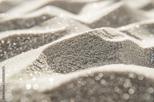 Macro shot of fine white sand dunes with sparkling grains. Close-up view of wind-formed ripples and shimmering quartz particles in sunlight. Natural texture and abstract background