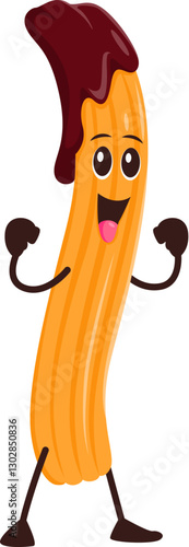 Cartoon funny churro pastry for fast food dessert character, vector personage. Churro with chocolate syrup and happy smile on face for fast food breakfast snack and sweet dessert character emoji