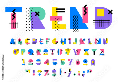 Memphis font, modern headline typeface, 90s 80s geometric type, party english alphabet vector typography. Abstract block letters and numbers of memphis pattern font with creative geometric shapes