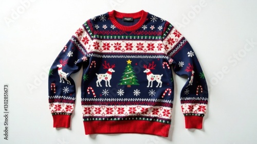 A festive navy blue Christmas sweater featuring a charming reindeer and Christmas tree design, perfect for holiday celebrations and spreading cheer