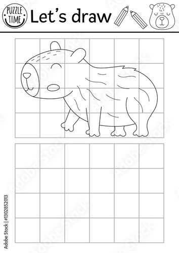 Draw the capybara. Vector capibara drawing practice worksheet with cute animal. Printable black and white activity for kids. Copy or complete the picture coloring page