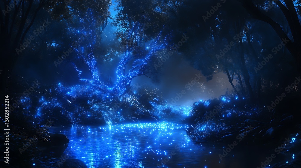 Lush greenery illuminated by bioluminescence enchanting forest nature scene tranquil water nighttime organic beauty Lush greenery illuminated by bioluminescence enchanting forest nature scene tranquil water nighttime organic beauty