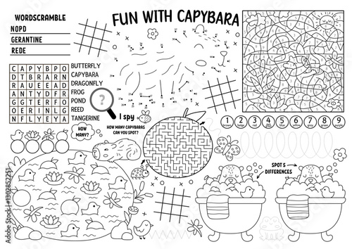 Vector capybara placemat for kids. Capibara printable activity mat with maze, tic tac toe charts, connect the dots, find difference. Cute relaxing animals black and white play mat or coloring page