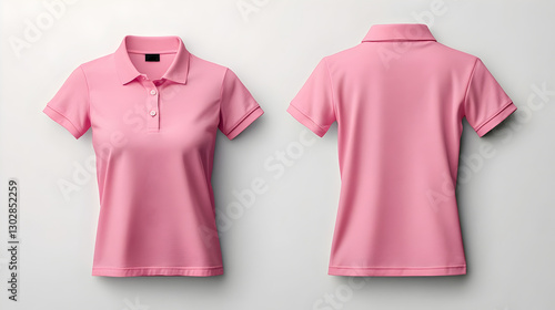 Pink women Polo t-shirt blank template front and back view isolated on gray background	