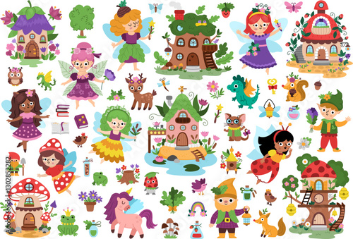 Vector fairy clipart set. Cute icons of girls with wings. Woodland princess collection. Fantasy forest animal illustration. Magic garden pack with elf, house, unicorn, dragon, fairytale creature