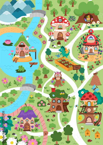 Vector fairyland map background. Cute fairy land landscape. Woodland scenery with trees, treehouses, dragon, roads, bridge, river. Fantasy forest scene illustration. Magic or fairytale world picture