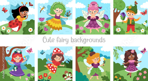 Vector square fairy backgrounds set. Fairyland landscape collection. Cute scenery with magic princess with wings, meadow, trees, flower. Fantasy nature scene illustration. Fairytale picture for kid