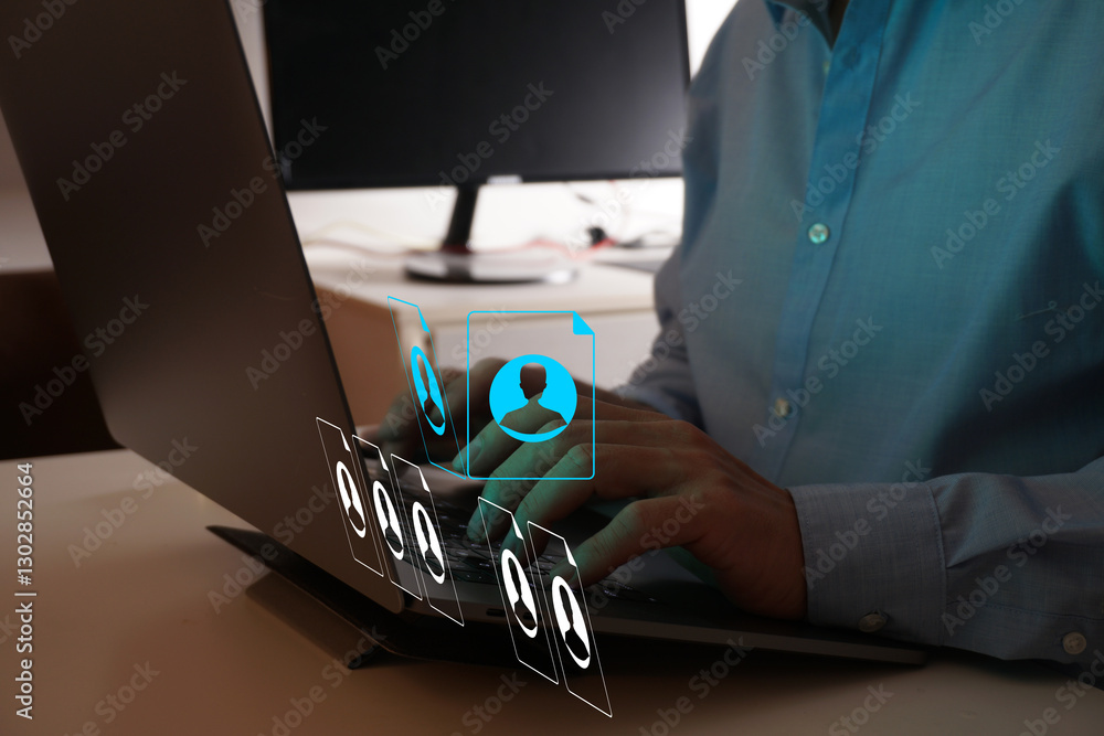 Effective recruitment. Human resource management technology (HR), Human resource manager touching human resource network structure and checks the CV online to choose the perfect employee for company,