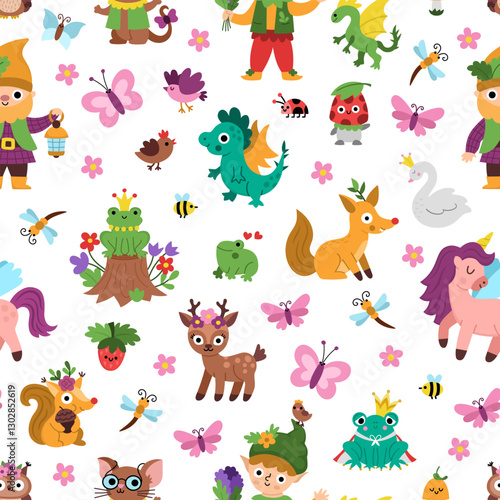 Vector magic creature seamless pattern. Cute repeat background with fairytale characters. Woodland fantasy animal digital paper. Forest fairy tale, magical texture with dwarf, unicorn, elf, deer