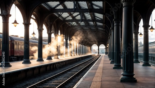 old railway platform with gaslight and steam rising from train for use in historical or dramatic visual designs