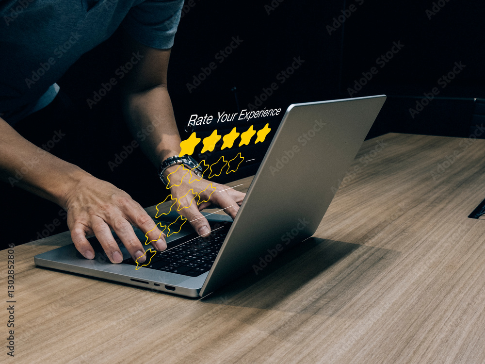 Business reputation ranking from buyer Online customer satisfaction Survey service concept, client rate service from experience in application,Consumer give five-Stars and feedback review for quality,