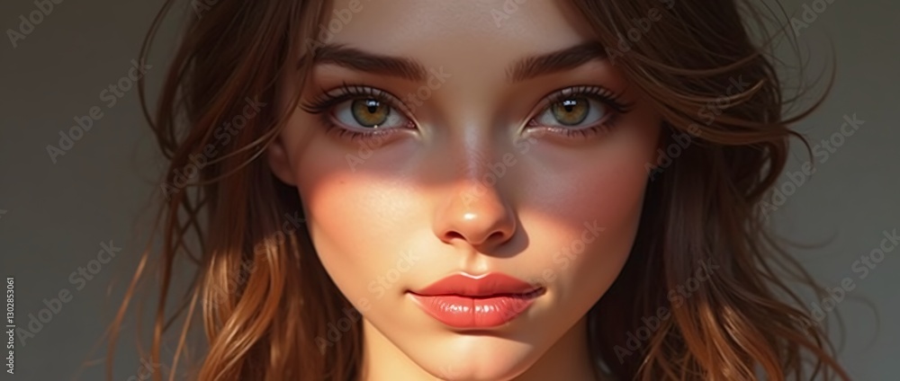 Fototapeta premium Realistic portrait of a woman with bright blue eyes surrounded by flowers and butterflies, with soft light highlighting her features