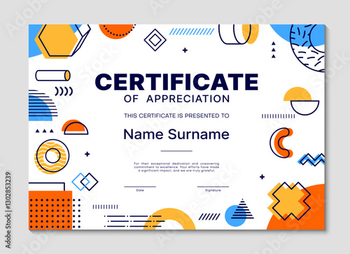 Diploma certificate template, Memphis background with abstract shapes. Vector appreciation frame with vibrant colors, place for recipient name, date and signature, surrounded by geometric elements
