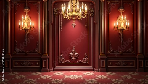 Elegant Red Room Interior Design with Golden Accents and Crystal Chandeliers