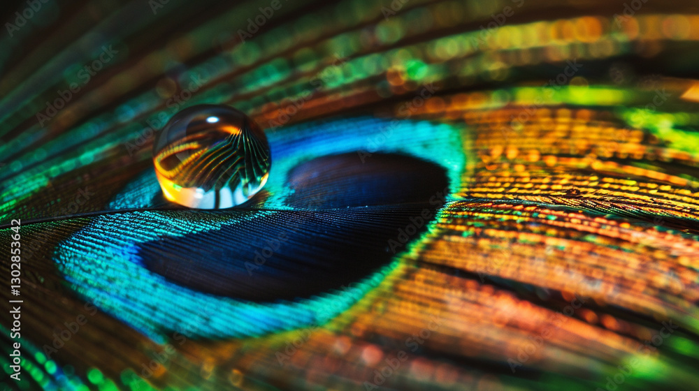 Naklejka premium Super-macro shot of a water droplet resting on a peacock feather