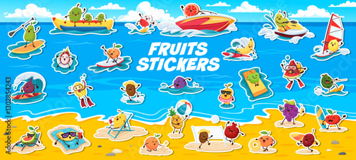 Cartoon funny fruit characters on summer travel vacation, vector stickers pack. Fruit characters on summer beach vacation, happy fig on surfboard and lemon snorkel diving or orange on paddle board