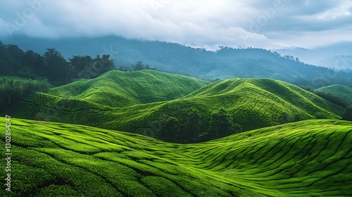 Lush green organic hills scenic tea plantation natural landscape majestic mountains serene viewpoint