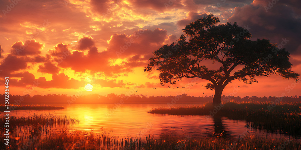 Naklejka premium Majestic Acacia Tree Silhouette Against a Sunset-Kissed Blue Sky with Graceful Birds in Flight