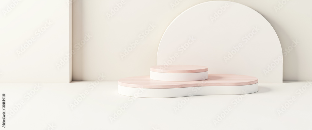 two-tiered minimalist product display platforms in pink and white two-tiered minimalist product display platforms in pink and white