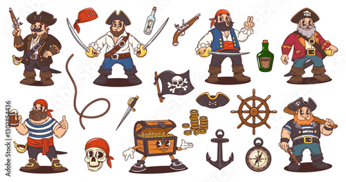 Cartoon groovy pirate captain, corsairs and sailors characters with vector costumes and hats, treasure map, chest and retro sea ship anchor. Happy groovy pirate character set, skull, flag and compass