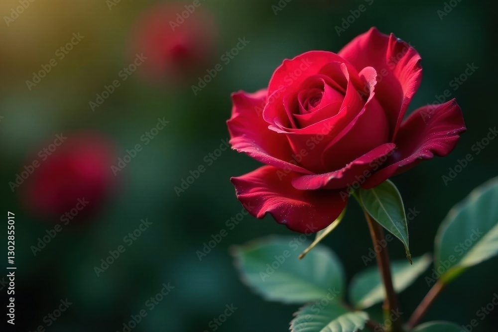 Deep crimson rose unfolding, dewdrop on bud, outdoor setting, macro, vibrant, growth Deep crimson rose unfolding, dewdrop on bud, outdoor setting, macro, vibrant, growth