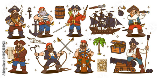 Retro groovy pirate corsair characters set with cartoon sea ship, treasure map and chest. Vector groovy hippie pirate captains, corsairs and sailors wearing hats and costumes with swords and guns