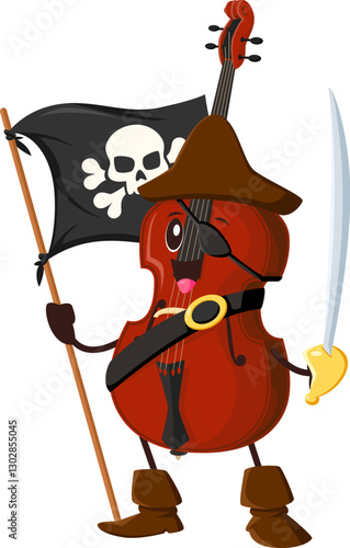 Cartoon cello musical instrument pirate and corsair character dressed in tricorn hat, eye patch, belt, and boots. It wields a sword and pirate flag with a skull and crossbones exuding music adventure