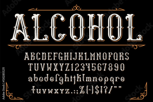 Western whiskey label font, retro tattoo typeface, alcohol bar type, old english alphabet vector typography. Vintage gothic letters and numbers, victorian flourishes frame corners, whiskey font abc