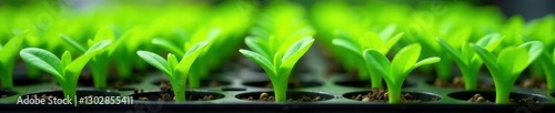 Delicate green seedlings densely packed in propagation trays , macro, seedling