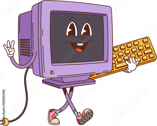 Cartoon retro groovy computer monitor character. Vector pc personage in a playful pose with keyboard in hand, capturing the nostalgic charm of vintage electronics with its screen and expressive face