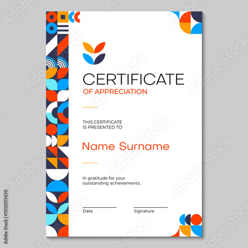 Certificate template with geometric pattern. Vector stylish vertical diploma with vibrant shapes and colors or white background. Award, recognition frame or official document of appreciation and honor