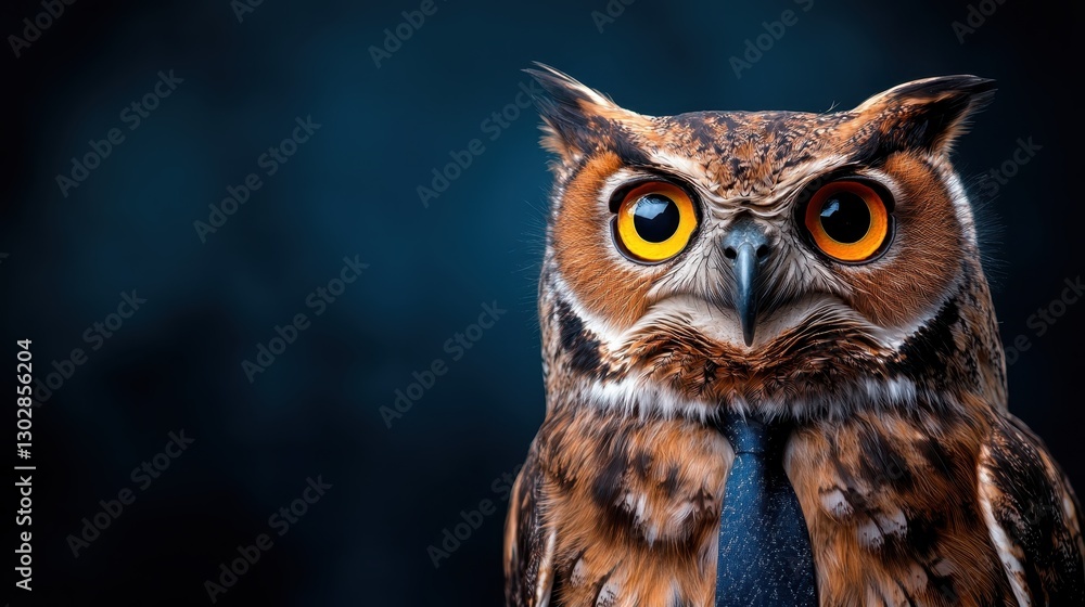 This striking image features a fierce owl wearing a tie, showcasing the juxtaposition of wildlife and business attire, captivating viewers with its intense gaze. This striking image features a fierce owl wearing a tie, showcasing the juxtaposition of wildlife and business attire, captivating viewers with its intense gaze.