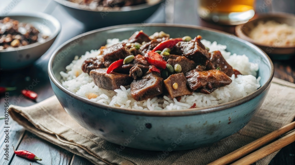 A delicious rice dish with chicken, meat, and vegetables forms a healthy and satisfying meal A delicious rice dish with chicken, meat, and vegetables forms a healthy and satisfying meal