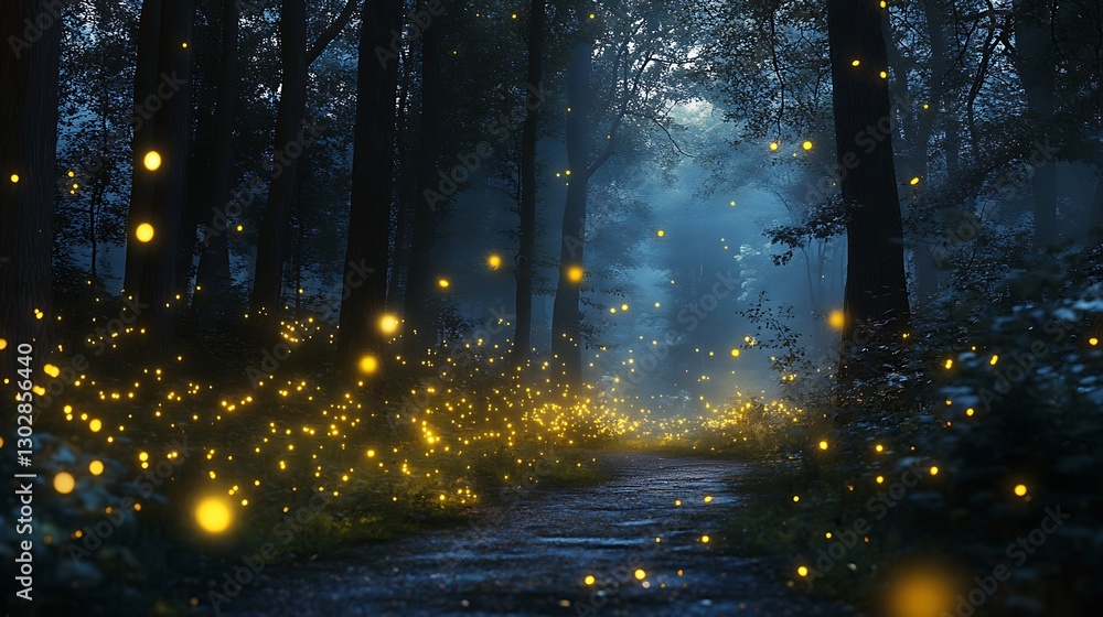 Fototapeta premium Enchanting fireflies illuminating a lush greenery pathway in nature's organic wonderland