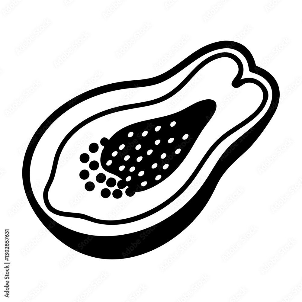 Black and white papaya icon with seeds in a minimal design Black and white papaya icon with seeds in a minimal design