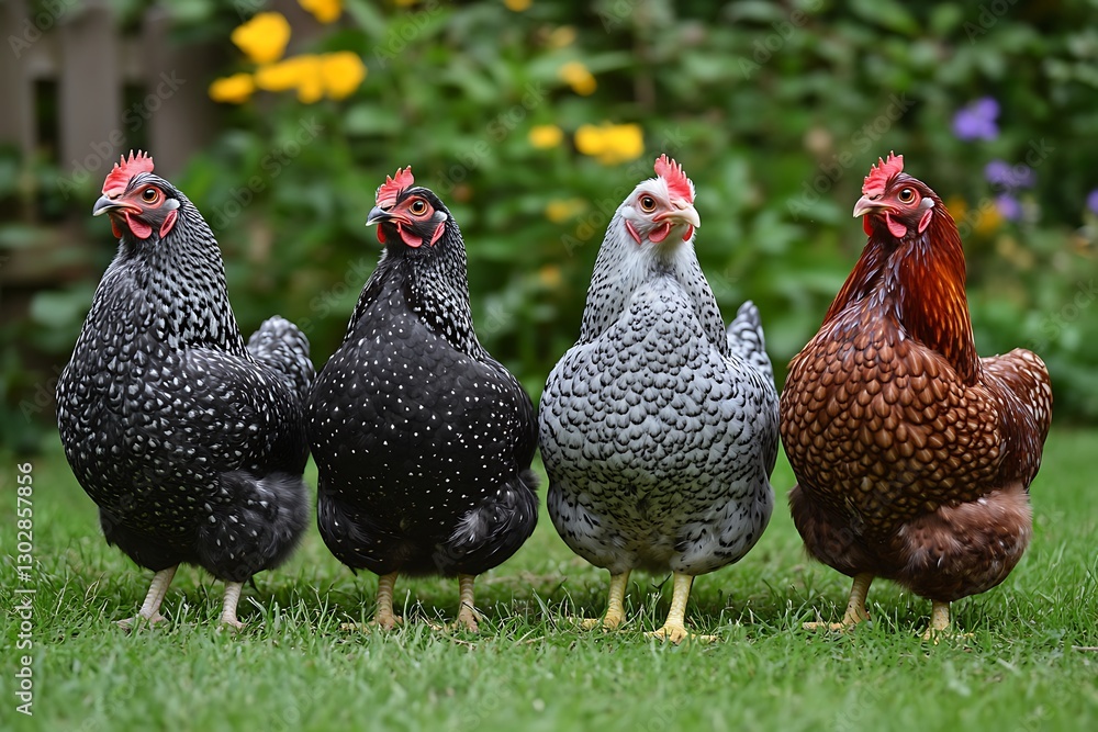 Fototapeta premium Chickens standing, yard, flowers, picket fence
