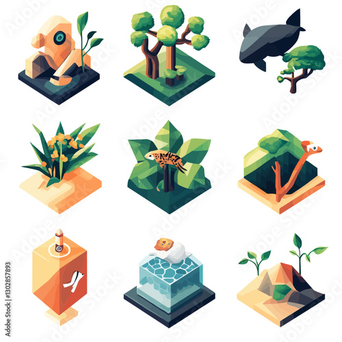 Isometric low poly nature elements, animal, plant, science, art, design