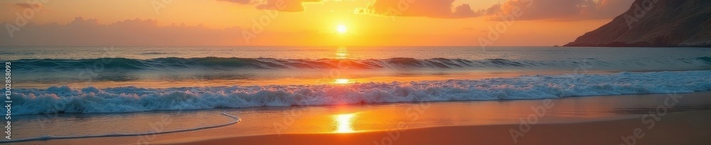 Naklejka premium Golden sunset paints calm ocean waves on sandy shore , peaceful, summer