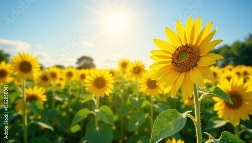 Golden sunflowers bask in bright sunlight, vibrant summer field , heat, background