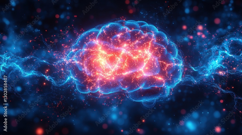a glowing depiction of a human brain surrounded by bright electric currents symbolizing neural activity mental processes and intelligence highlighted against a vibrant blue background a glowing depiction of a human brain surrounded by bright electric currents symbolizing neural activity mental processes and intelligence highlighted against a vibrant blue background