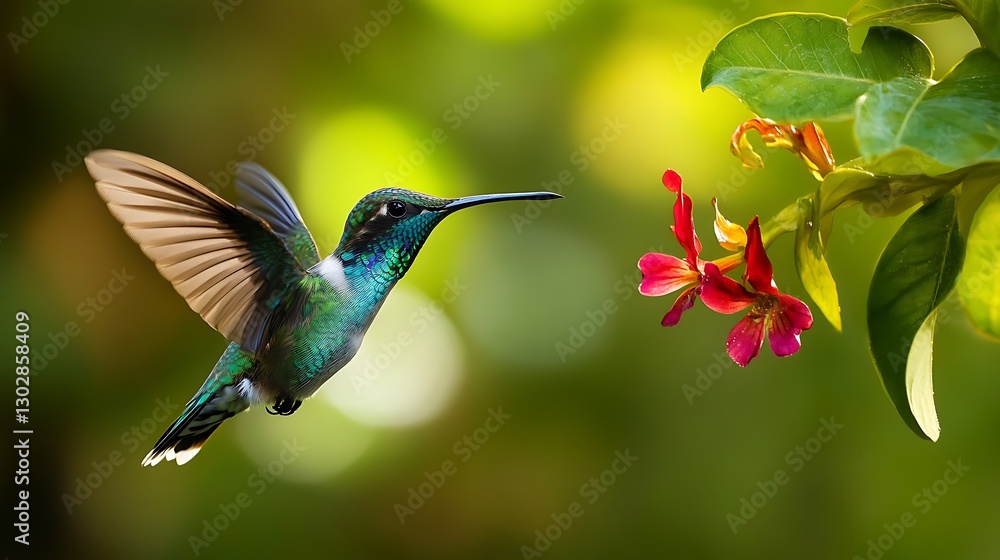 Naklejka premium Hummingbird feeding on vibrant flowers in lush greenery natural garden organic environment close-up view
