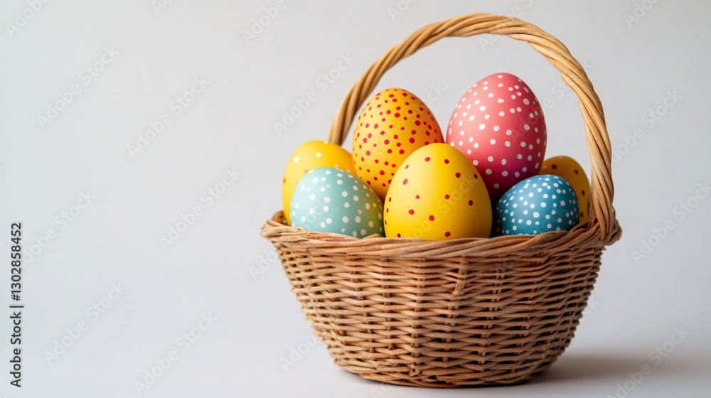 Wicker basket overflowing with colorful polka dotted easter eggs Wicker basket overflowing with colorful polka dotted easter eggs